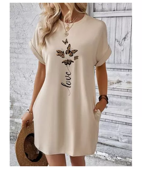 SHEIN LUNE Vestido estilo camiseta con estampado de mariposa y letra de manga murciélago