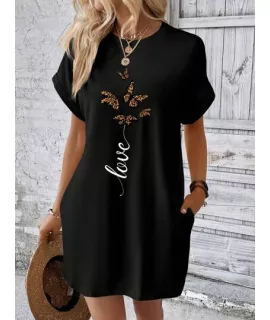 SHEIN LUNE Vestido estilo camiseta con estampado de mariposa y letra de manga murciélago