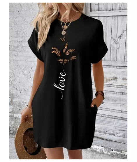 SHEIN LUNE Vestido estilo camiseta con estampado de mariposa y letra de manga murciélago