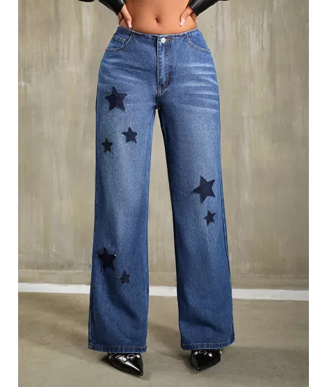 SHEIN ICON Jeans con estampado de estrella de pierna ancha