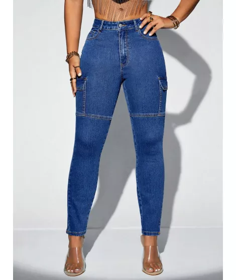 SHEIN SXY Jeans cargo de talle alto con bolsillo lateral con solapa