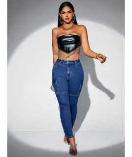 SHEIN SXY Jeans cargo de talle alto con bolsillo lateral con solapa