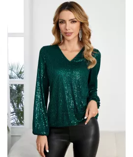 Blusa de cuello V de manga farol con lentejuelas