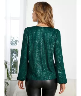 Blusa de cuello V de manga farol con lentejuelas