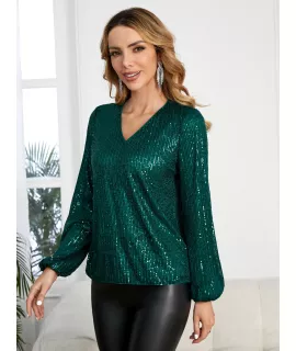 Blusa de cuello V de manga farol con lentejuelas