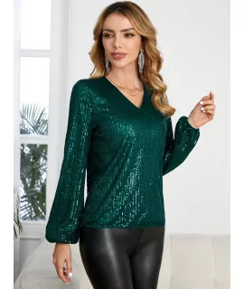 Blusa de cuello V de manga farol con lentejuelas