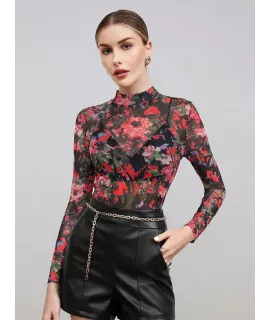 BIZwear Top con estampado floral de cuello alto de malla sin sujetador