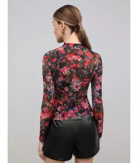 BIZwear Top con estampado floral de cuello alto de malla sin sujetador