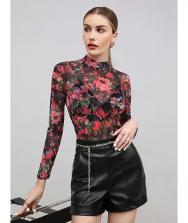 BIZwear Top con estampado floral de cuello alto de malla sin sujetador