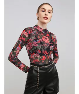 BIZwear Top con estampado floral de cuello alto de malla sin sujetador