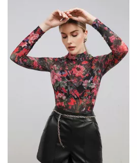 BIZwear Top con estampado floral de cuello alto de malla sin sujetador