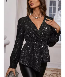 SHEIN BAE Blusa de cuello cruzado bajo asimétrico brillante