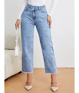 SHEIN Privé Jeans de pierna recta de talle alto bajo crudo