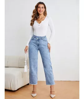 SHEIN Privé Jeans de pierna recta de talle alto bajo crudo