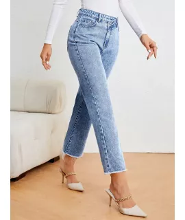 SHEIN Privé Jeans de pierna recta de talle alto bajo crudo